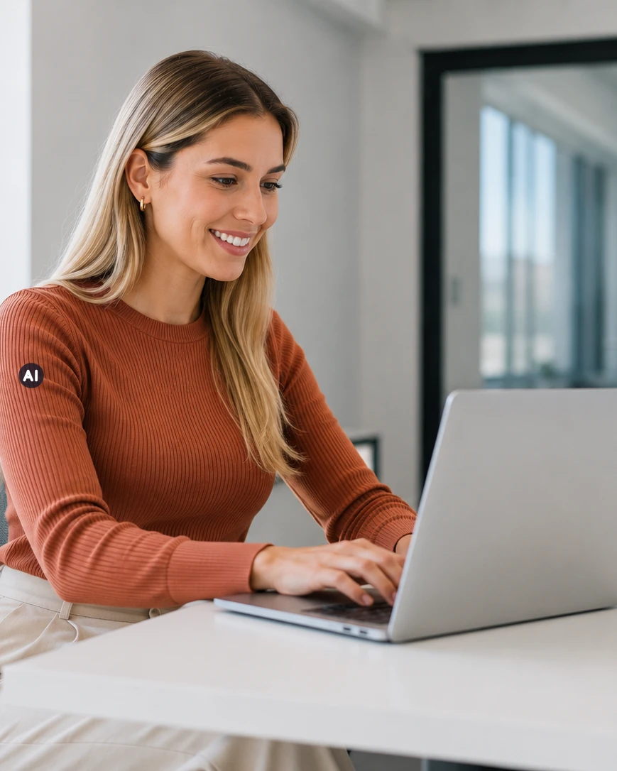 Teilnehmerin arbeitet an ihrem Online-Lehrgang zum Bankwesen (KI-generiert)