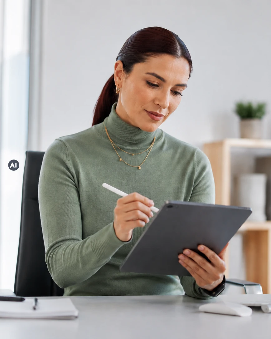 Teilnehmerin arbeitet an ihrem Online-Lehrgang zum Büromanagement (KI-generiert)